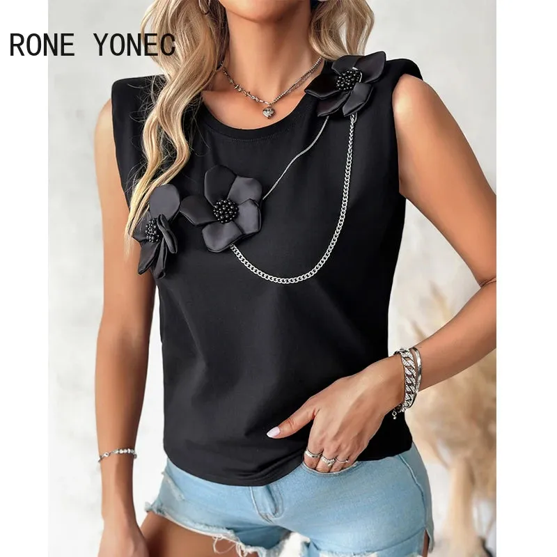 2024 Women Chic Solid Floral Chain Tank - Sleeveless Sexy Camis Crop Top with Three-Dimensional Decoration