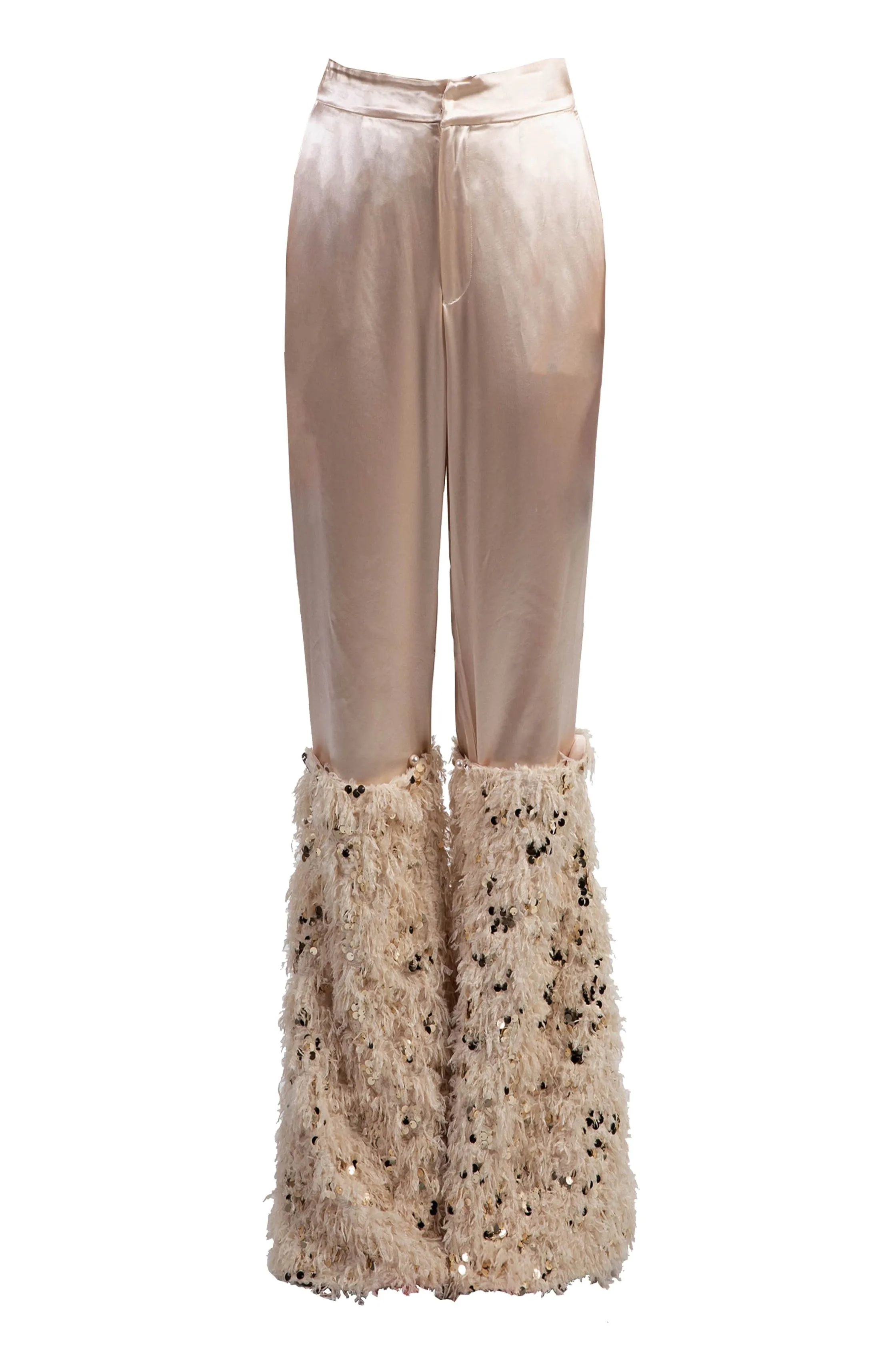 Beige Satin Pants with Detachable Fluff