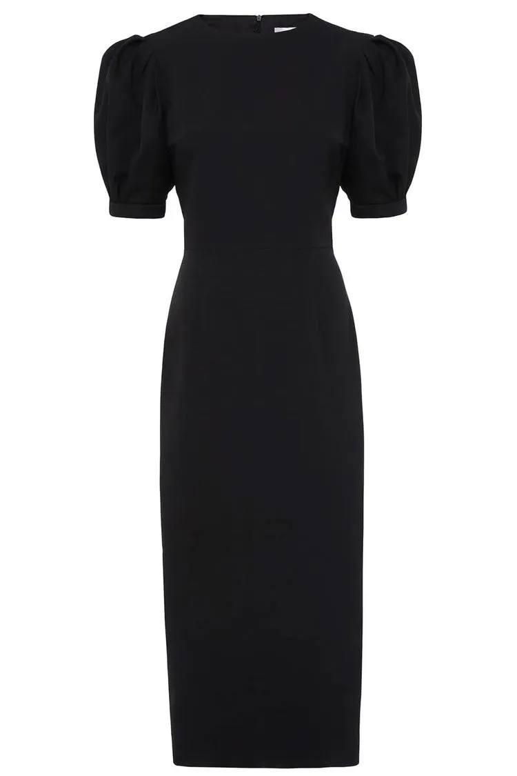 French Crew Neck Puff Sleeve Cocktail Party Midi Dress - Black