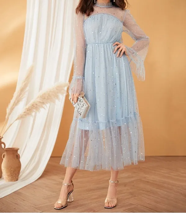 Frilled Neck Bell Sleeve Star Mesh Overlay Dress
