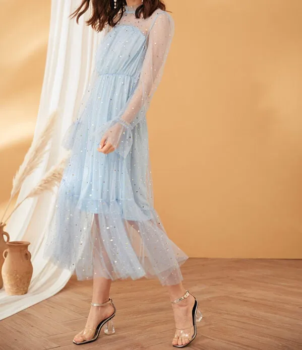 Frilled Neck Bell Sleeve Star Mesh Overlay Dress
