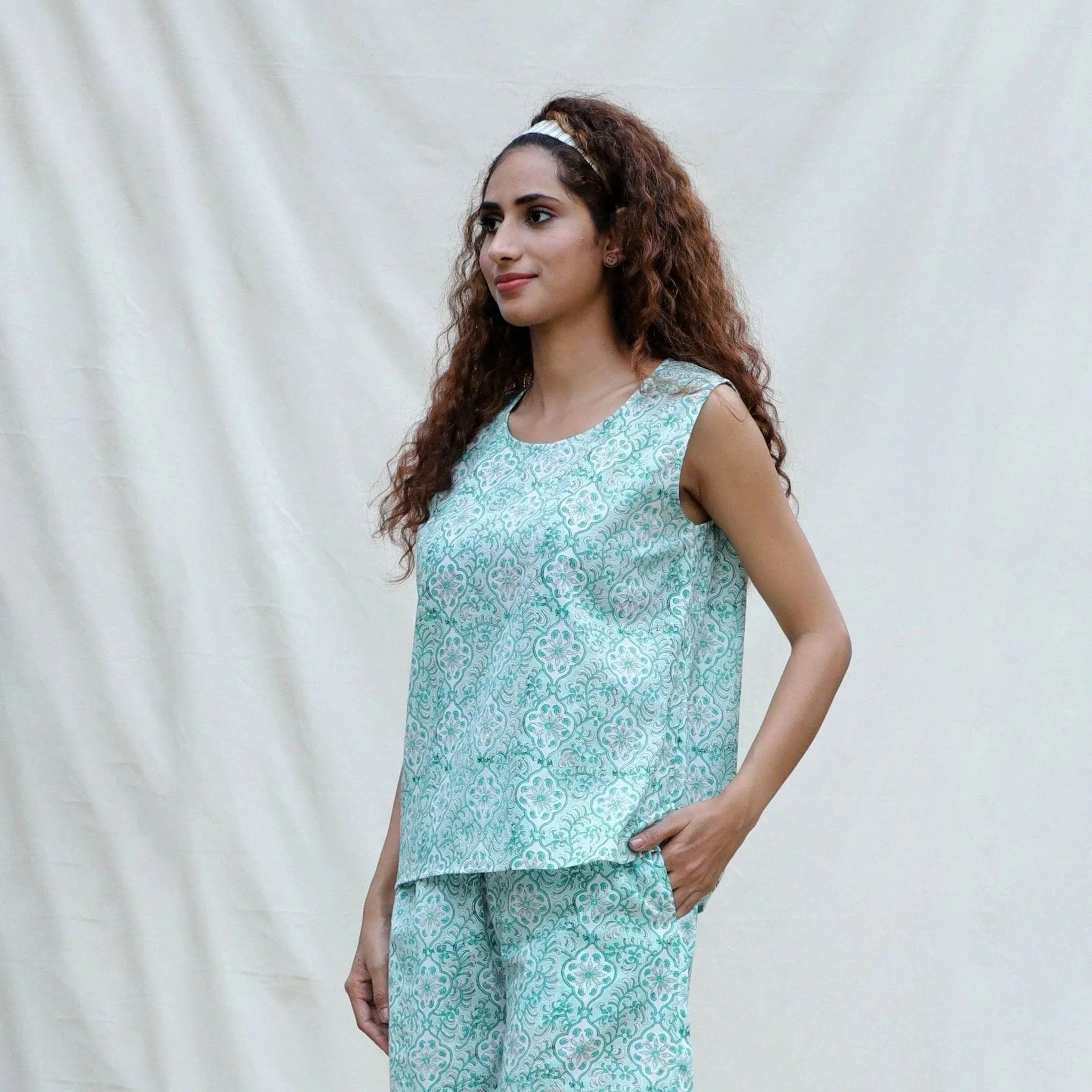 Green Floral Block Printed Cotton Sleeveless Top