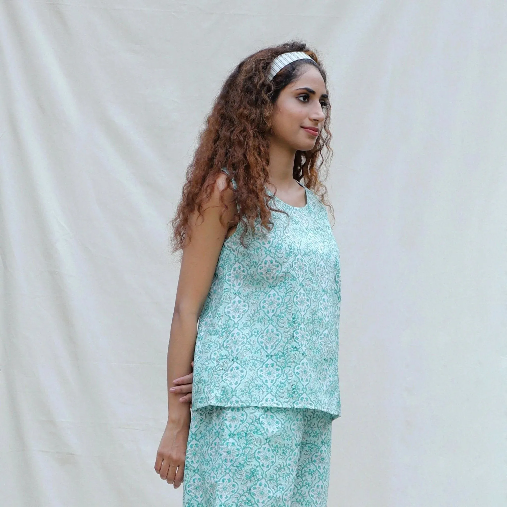 Green Floral Block Printed Cotton Sleeveless Top