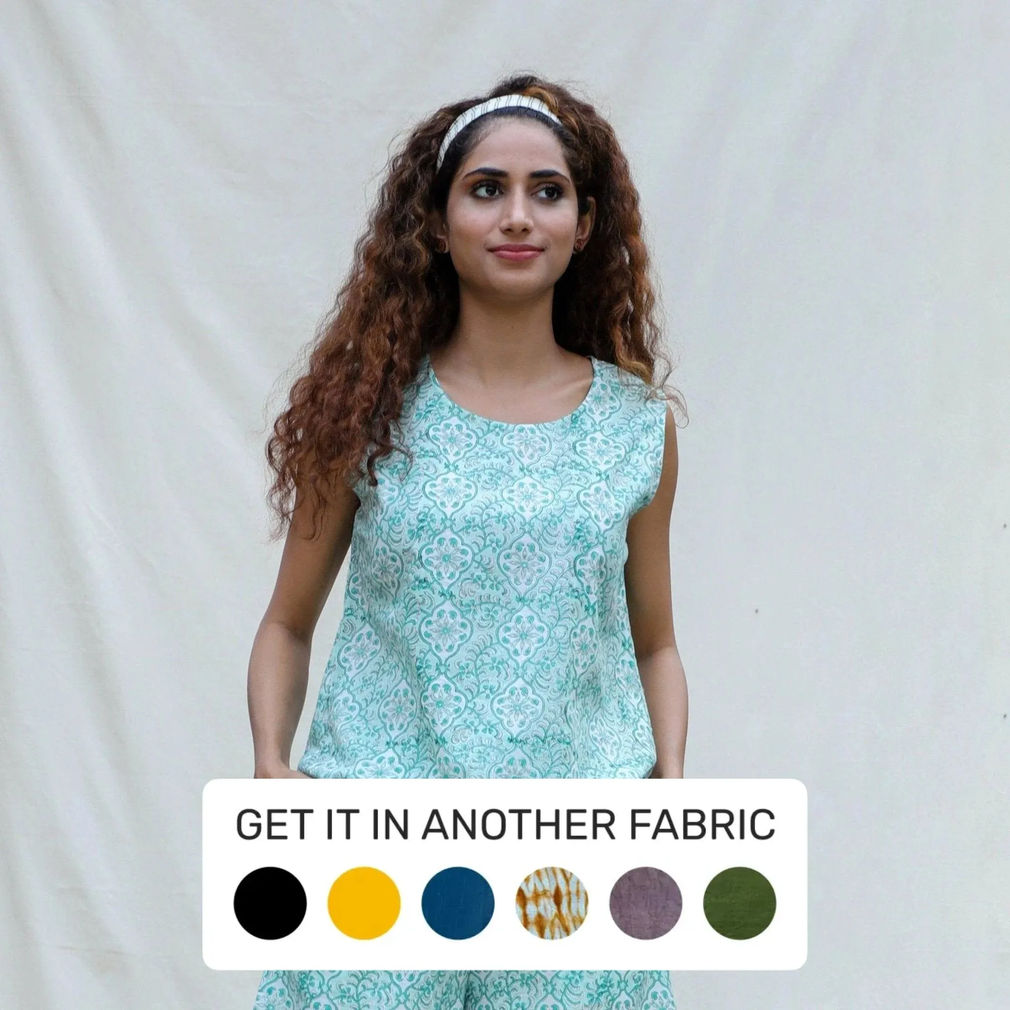 Green Floral Block Printed Cotton Sleeveless Top