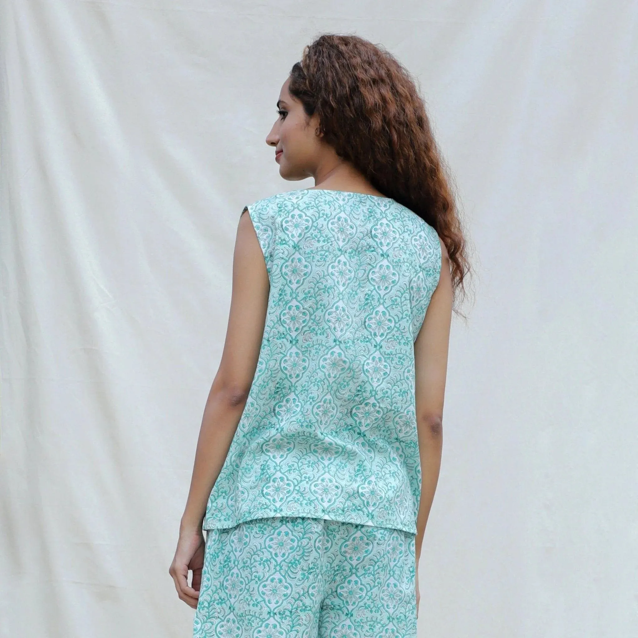 Green Floral Block Printed Cotton Sleeveless Top