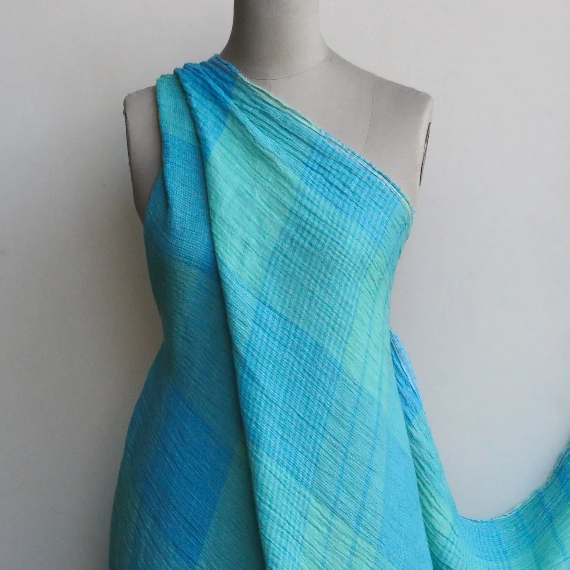Menorca Aqua Check Crinkle Linen