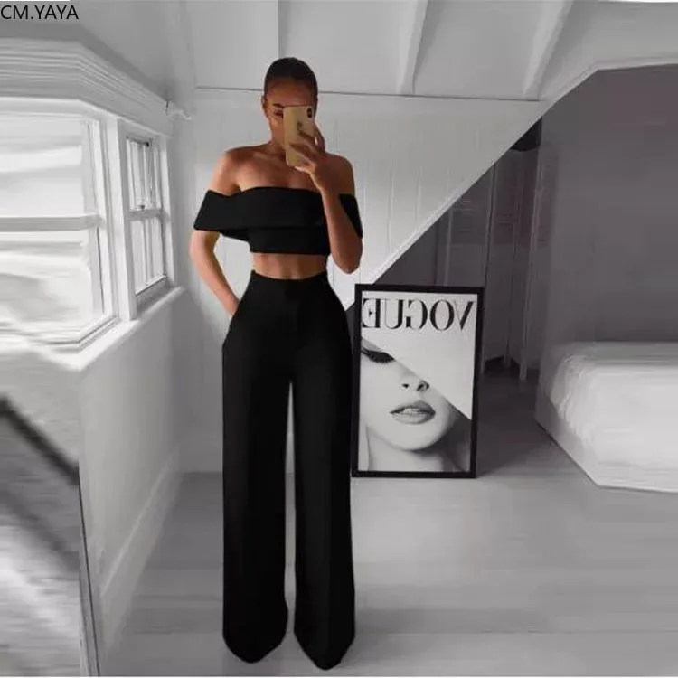 Off Shoulder Crop Top and High Waisted Pants Set