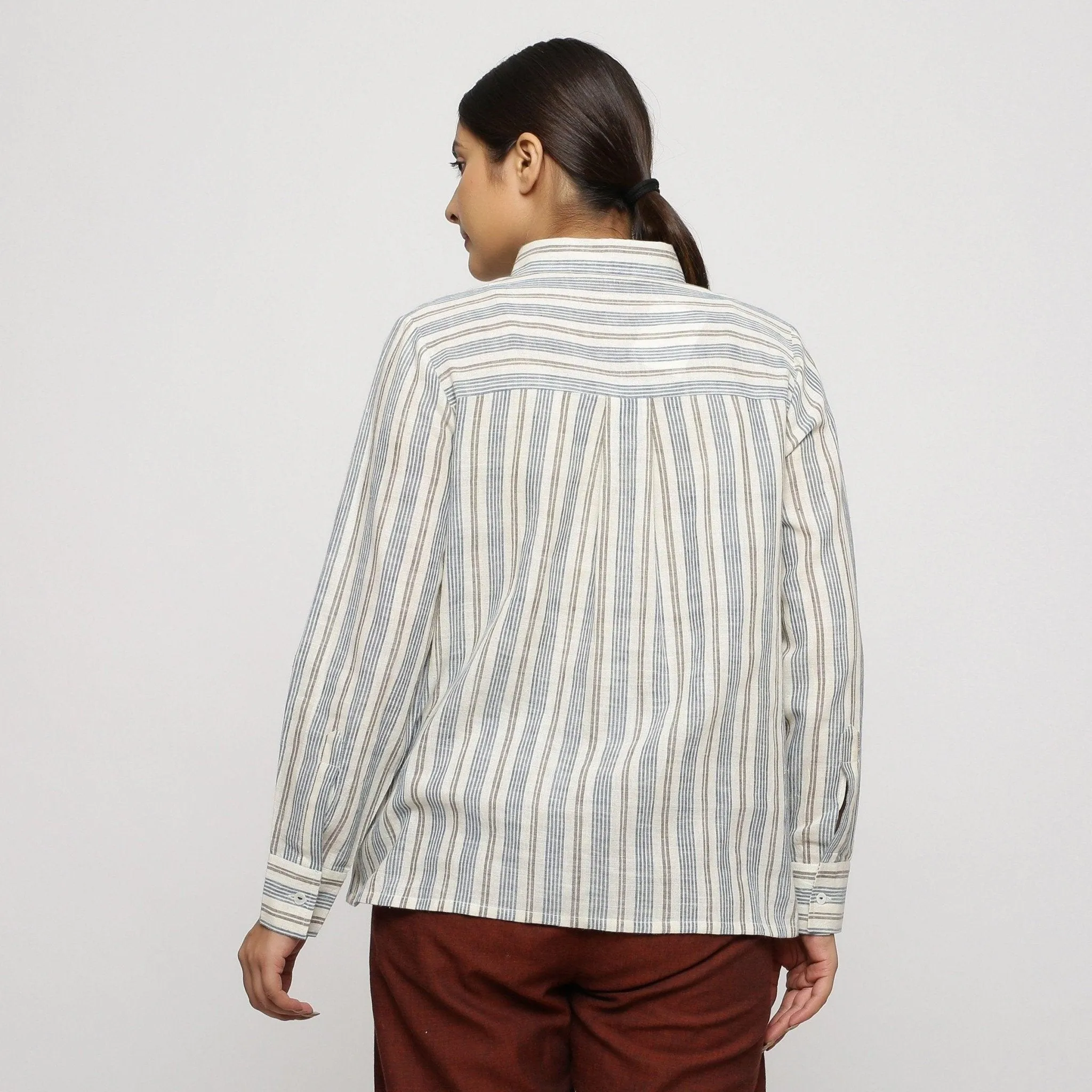 Off-White Striped Cotton Peter Pan Collar Yoked Shirt
