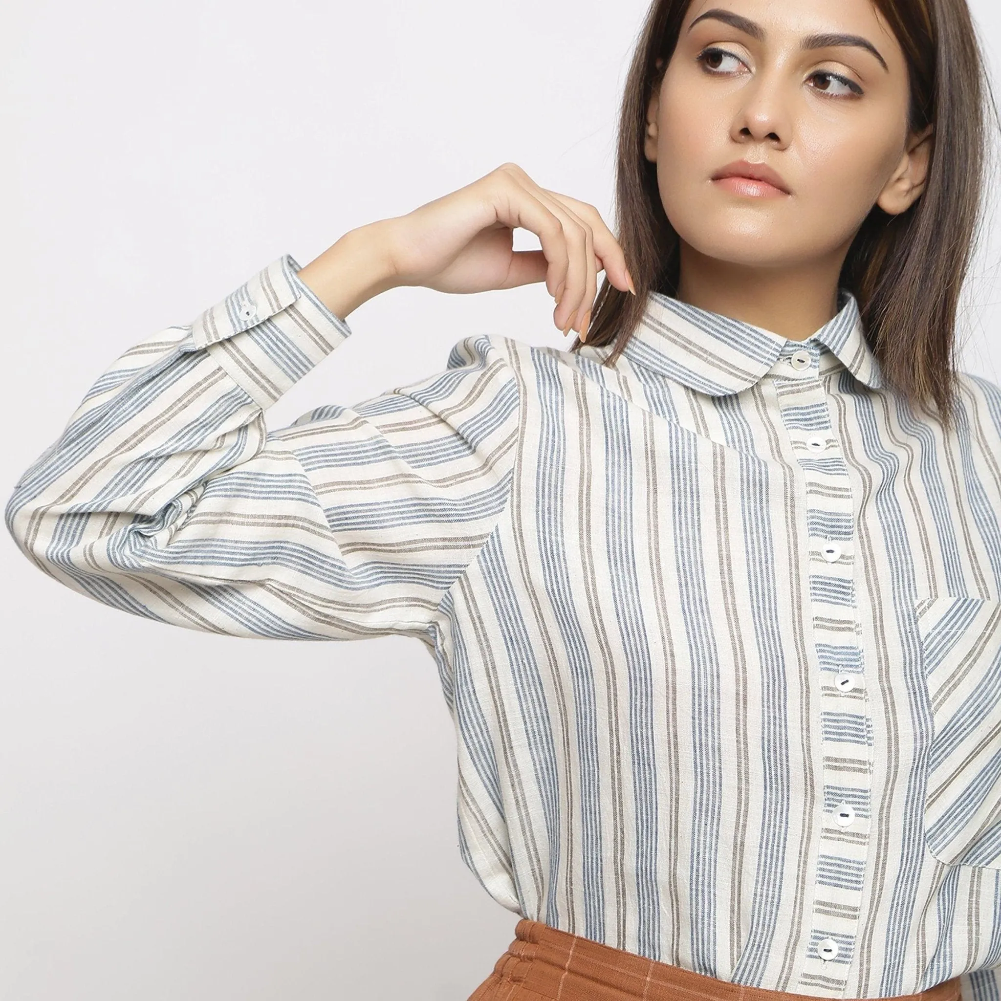 Off-White Striped Cotton Peter Pan Collar Yoked Shirt