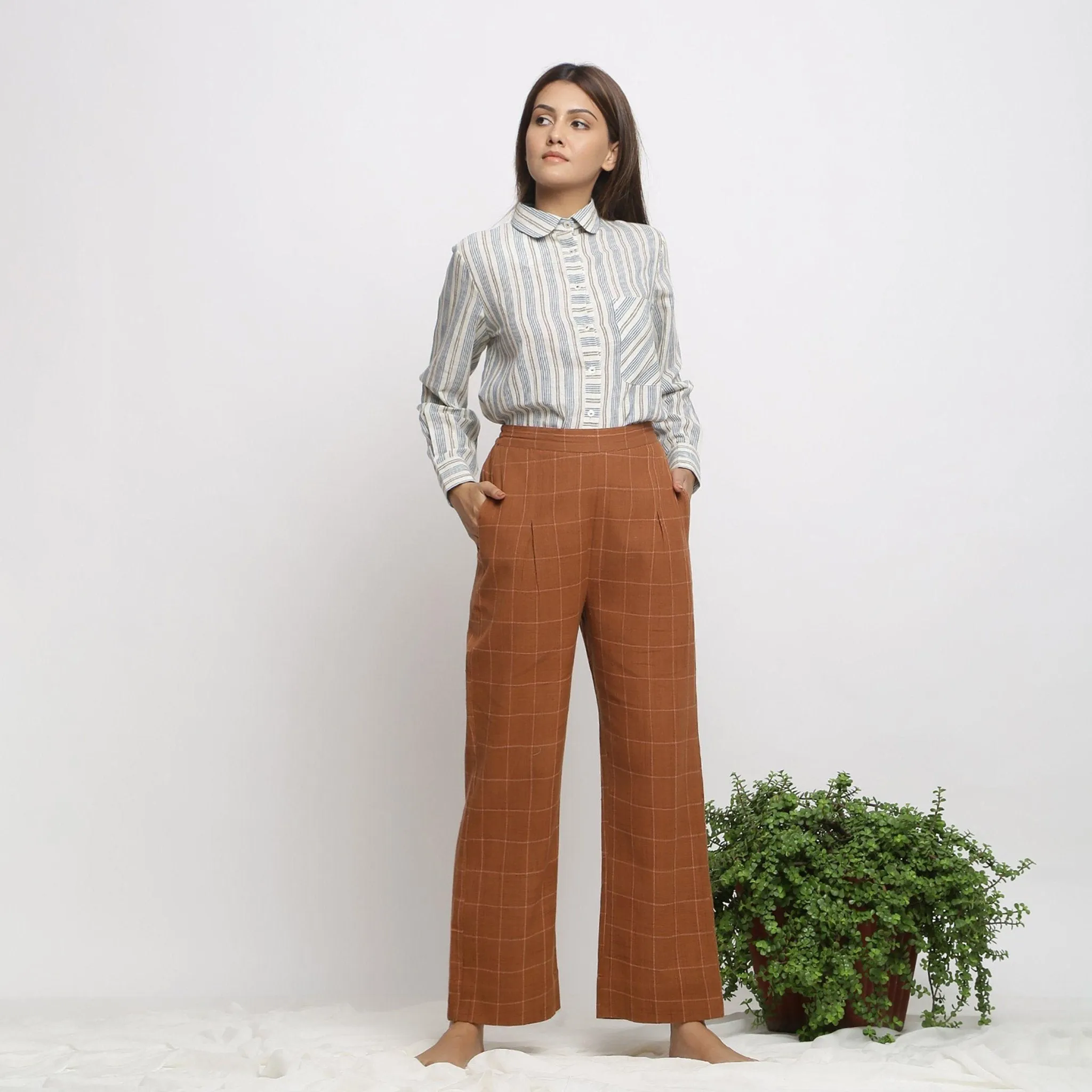 Off-White Striped Cotton Peter Pan Collar Yoked Shirt