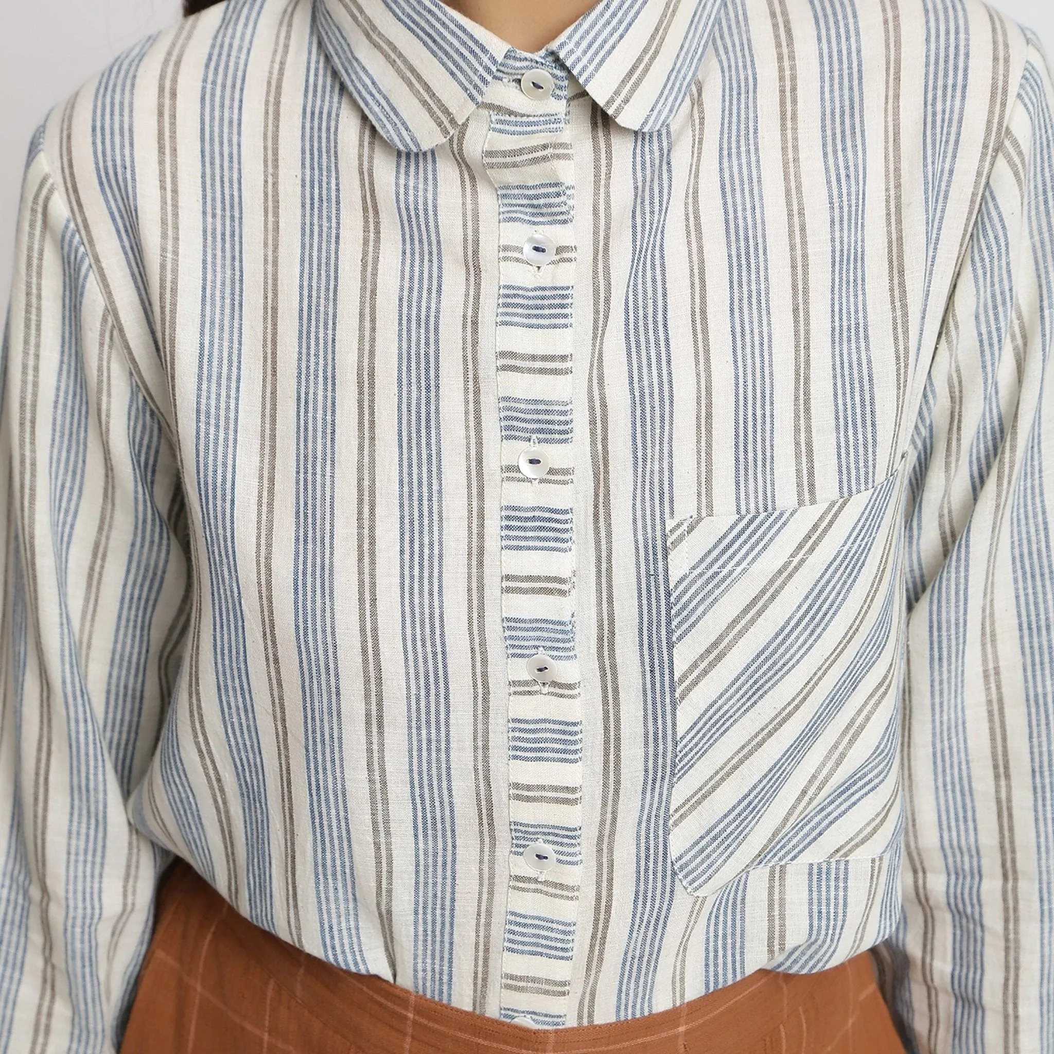 Off-White Striped Cotton Peter Pan Collar Yoked Shirt