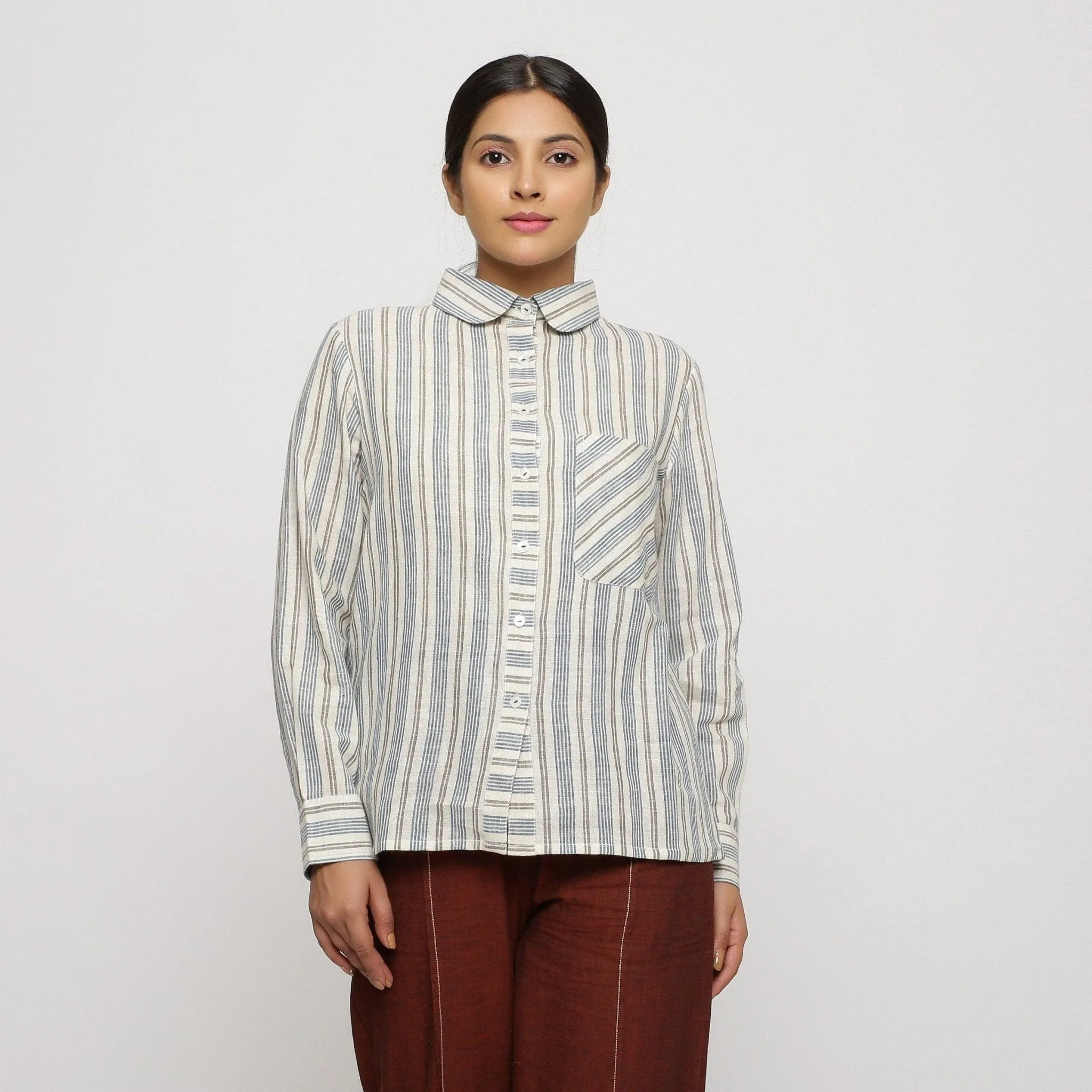 Off-White Striped Cotton Peter Pan Collar Yoked Shirt