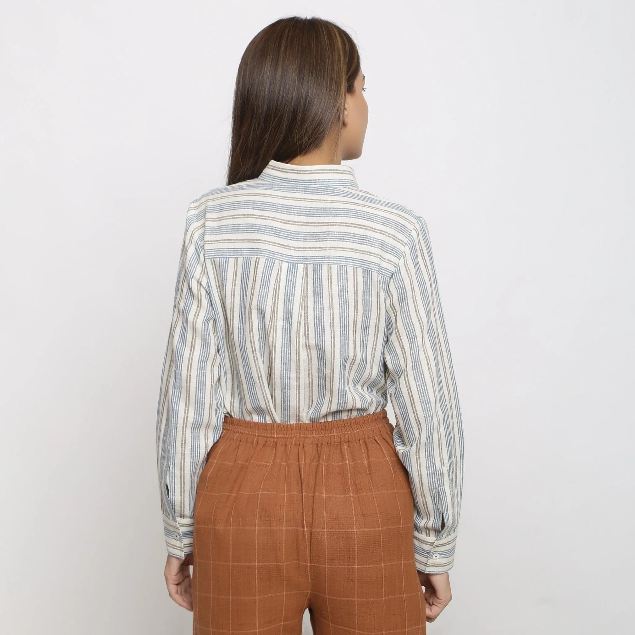 Off-White Striped Cotton Peter Pan Collar Yoked Shirt
