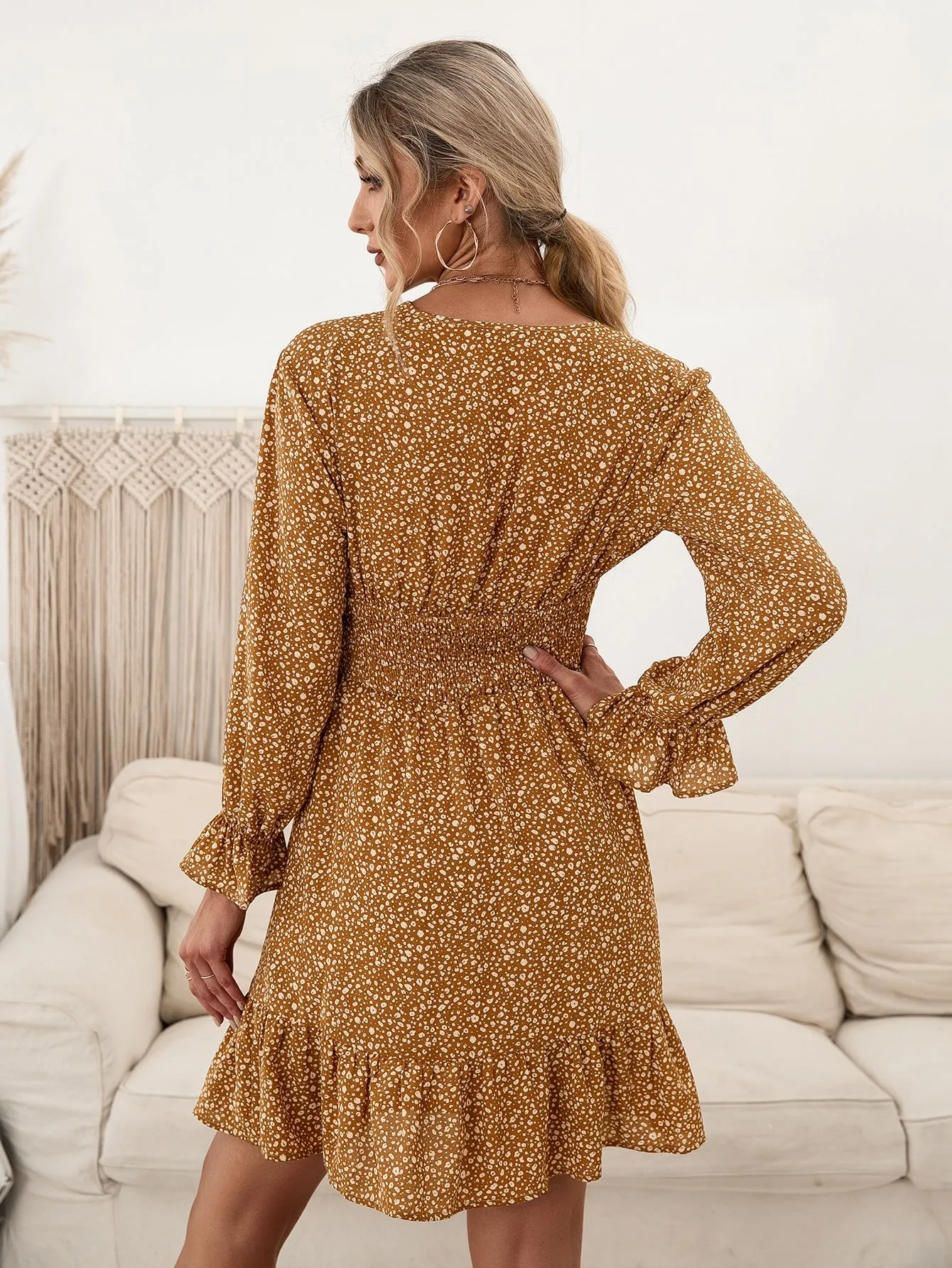 Romantic All Over Print Shirred Long Sleeve V Neck Flounce High Waist Short Dress