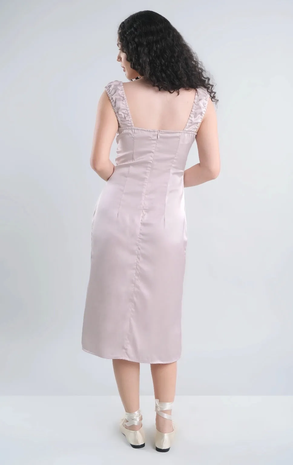 ROMANTIC SATIN MIDI DRESS WITH SLIT AND BOW DETAIL