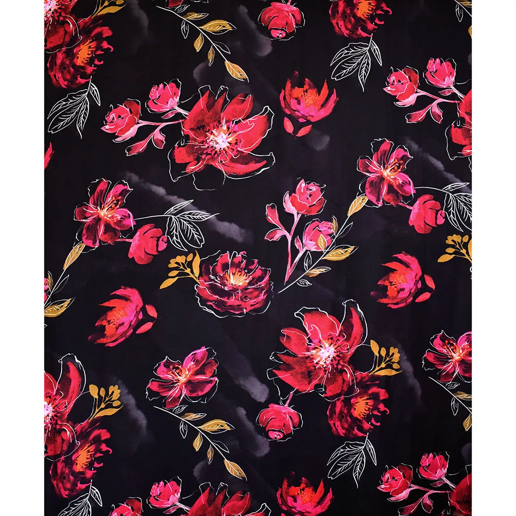 Romantic Tossed Floral Silky Rayon Satin Black/Cranberry