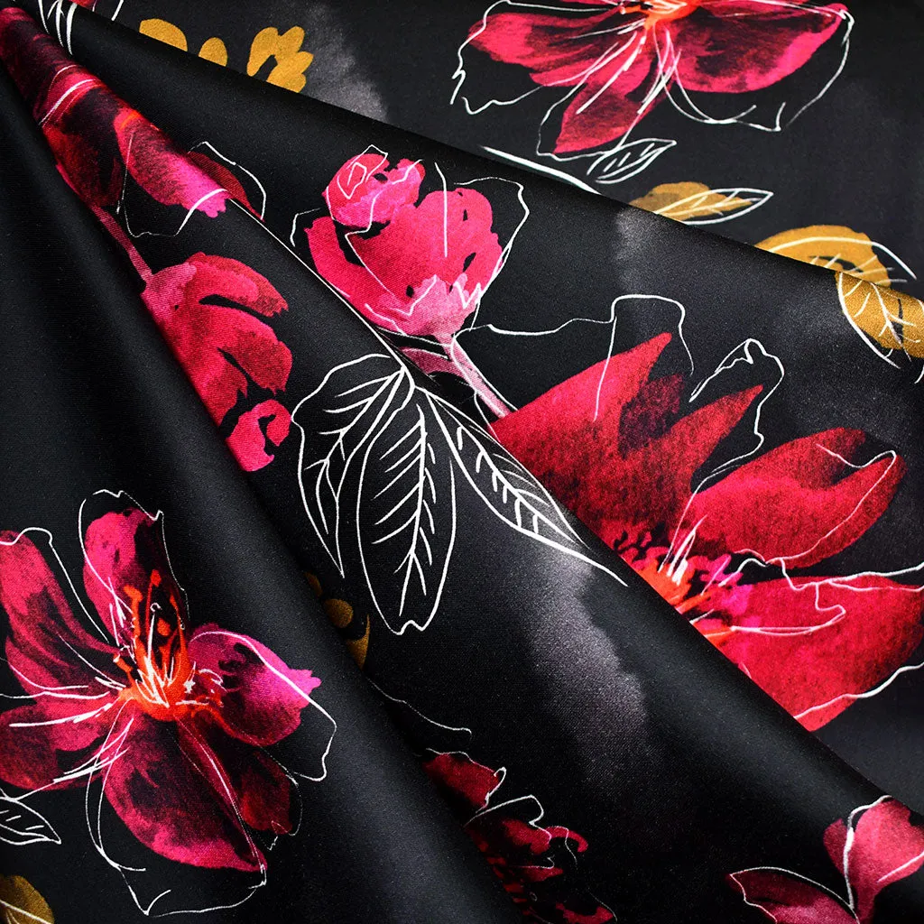 Romantic Tossed Floral Silky Rayon Satin Black/Cranberry