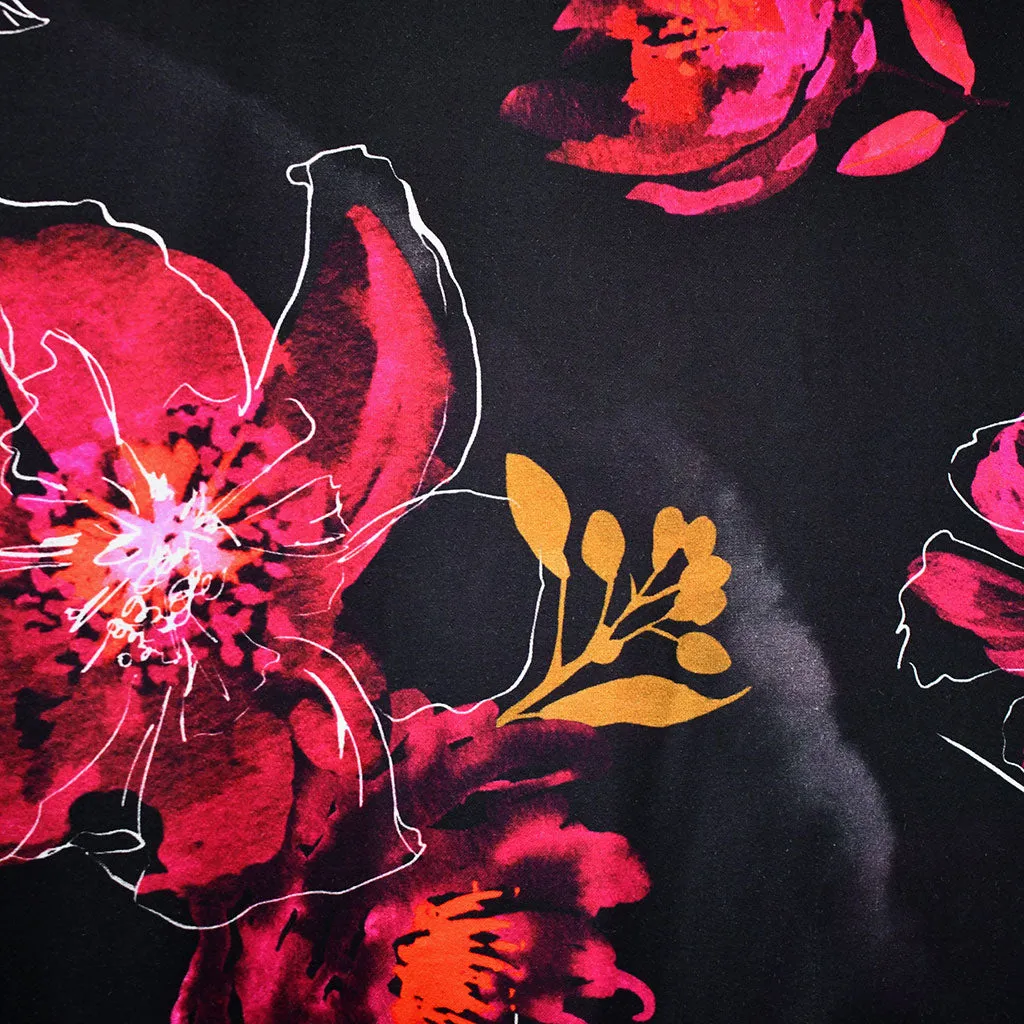 Romantic Tossed Floral Silky Rayon Satin Black/Cranberry