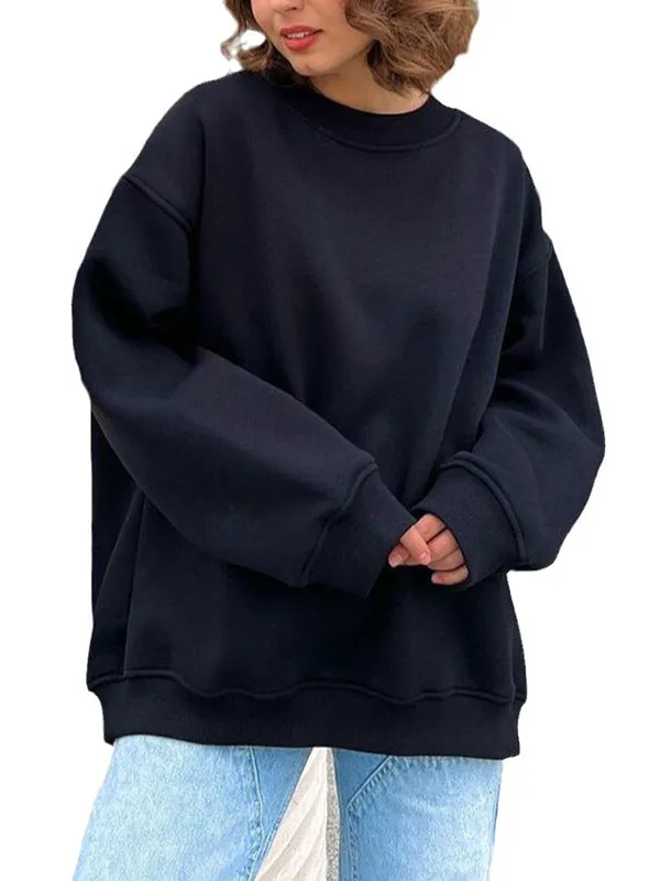 Solid Color Long Sleeves Loose Round-Neck Sweatshirt Tops