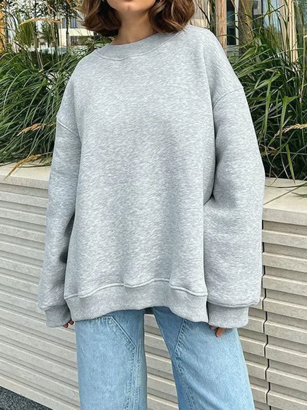 Solid Color Long Sleeves Loose Round-Neck Sweatshirt Tops