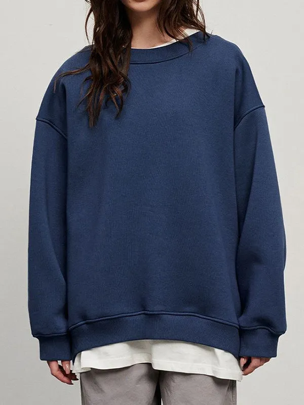 Solid Color Long Sleeves Loose Round-Neck Sweatshirt Tops