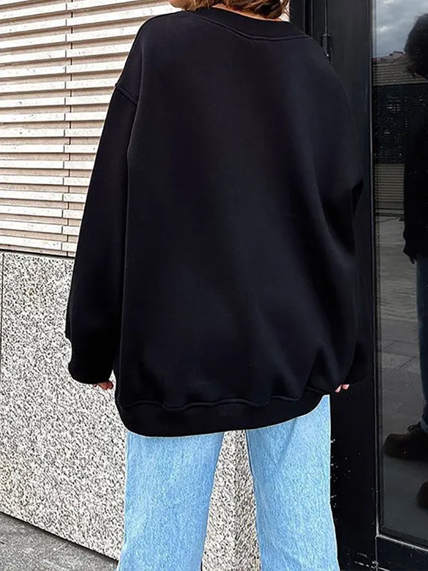 Solid Color Long Sleeves Loose Round-Neck Sweatshirt Tops
