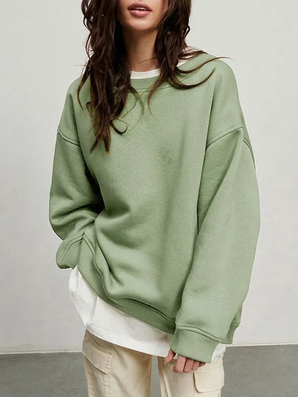 Solid Color Long Sleeves Loose Round-Neck Sweatshirt Tops