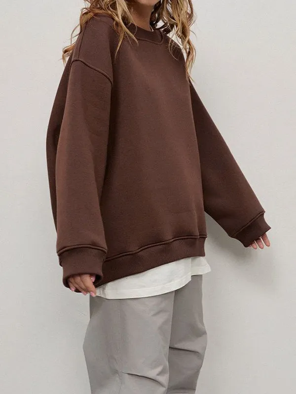 Solid Color Long Sleeves Loose Round-Neck Sweatshirt Tops