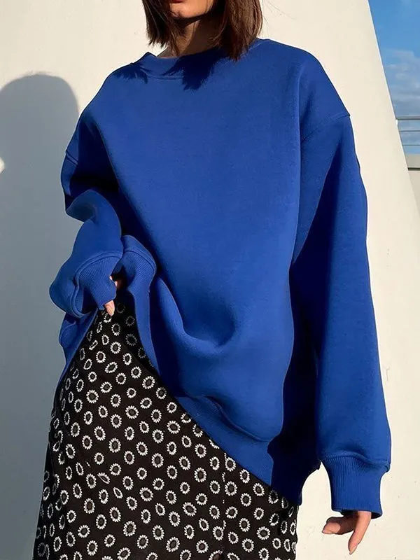 Solid Color Long Sleeves Loose Round-Neck Sweatshirt Tops