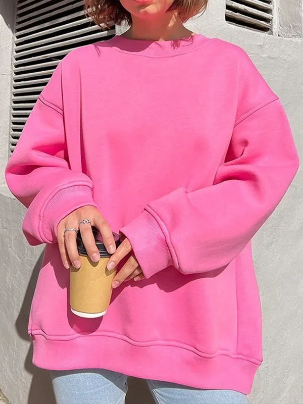 Solid Color Long Sleeves Loose Round-Neck Sweatshirt Tops