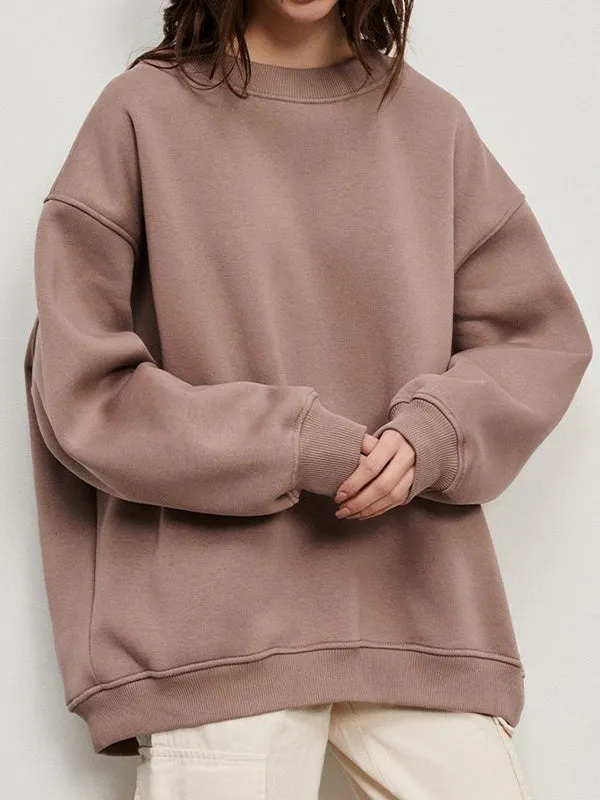 Solid Color Long Sleeves Loose Round-Neck Sweatshirt Tops