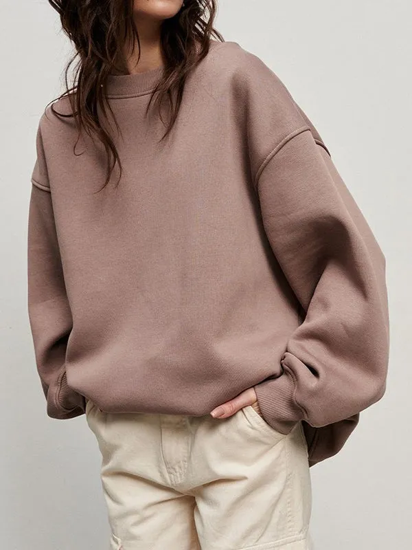 Solid Color Long Sleeves Loose Round-Neck Sweatshirt Tops