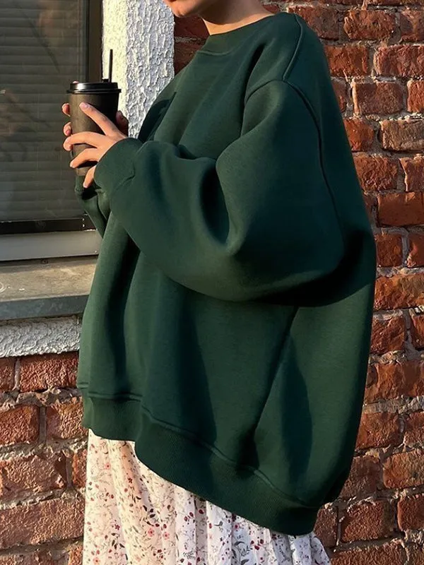 Solid Color Long Sleeves Loose Round-Neck Sweatshirt Tops