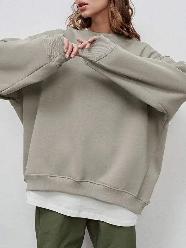 Solid Color Long Sleeves Loose Round-Neck Sweatshirt Tops