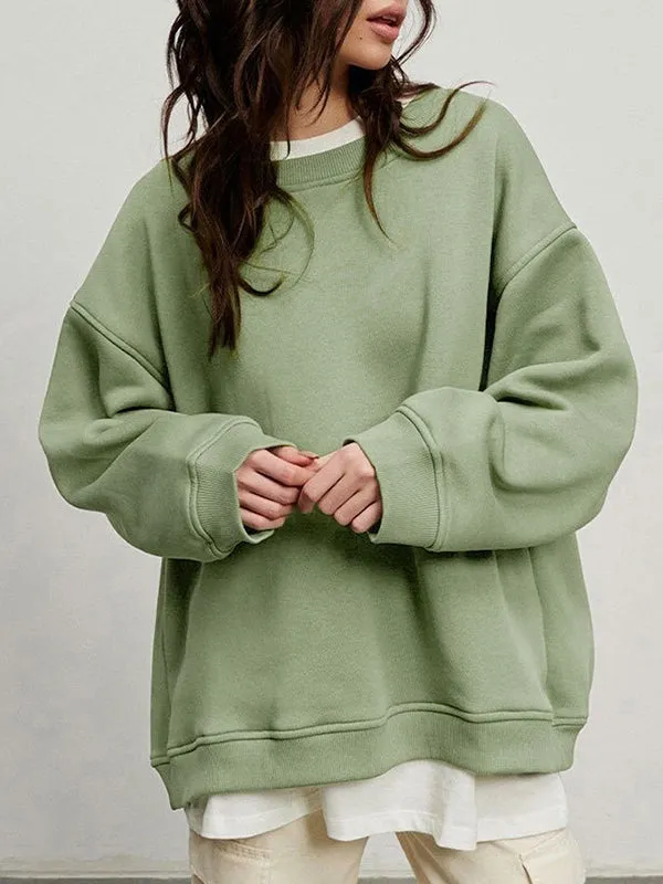 Solid Color Long Sleeves Loose Round-Neck Sweatshirt Tops