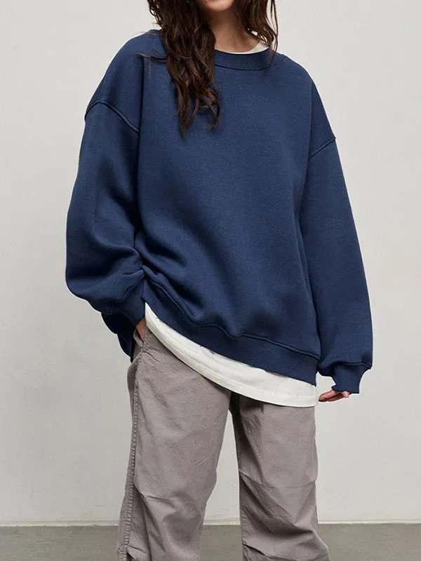 Solid Color Long Sleeves Loose Round-Neck Sweatshirt Tops