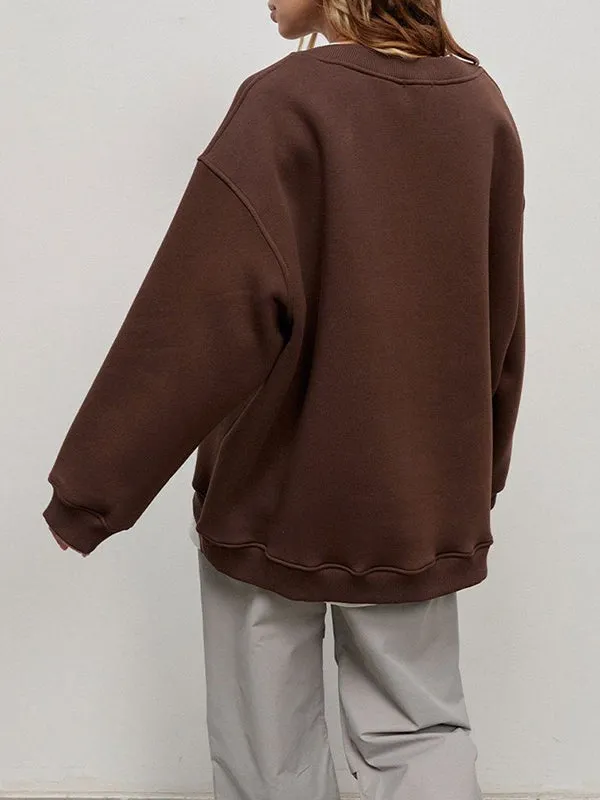 Solid Color Long Sleeves Loose Round-Neck Sweatshirt Tops