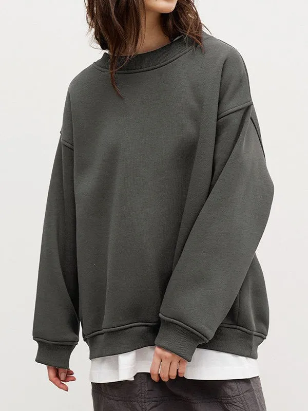 Solid Color Long Sleeves Loose Round-Neck Sweatshirt Tops