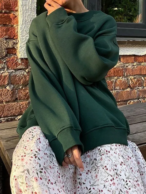 Solid Color Long Sleeves Loose Round-Neck Sweatshirt Tops