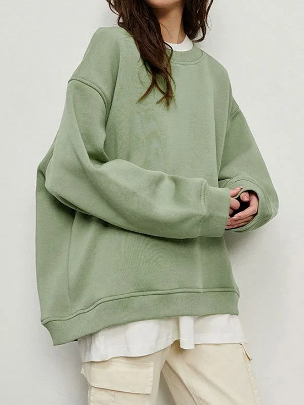 Solid Color Long Sleeves Loose Round-Neck Sweatshirt Tops