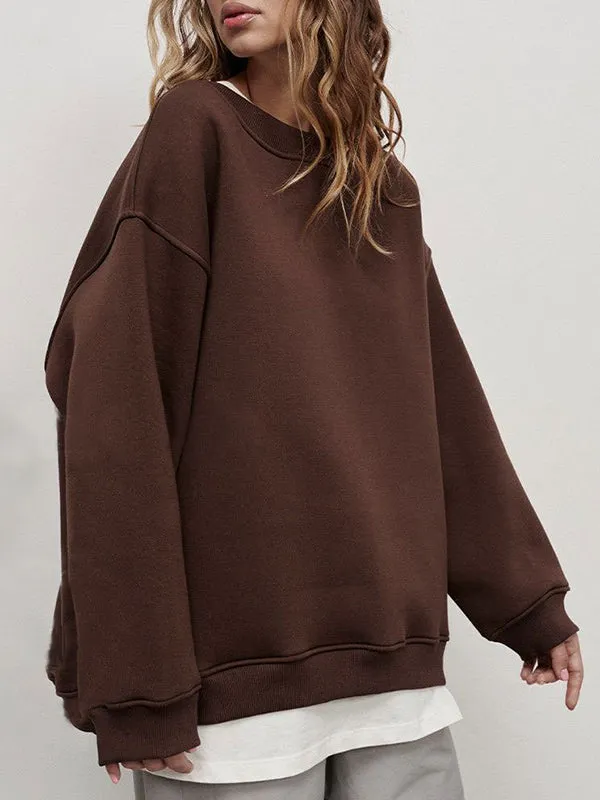 Solid Color Long Sleeves Loose Round-Neck Sweatshirt Tops