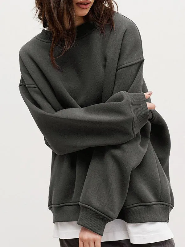 Solid Color Long Sleeves Loose Round-Neck Sweatshirt Tops