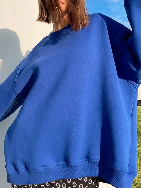 Solid Color Long Sleeves Loose Round-Neck Sweatshirt Tops