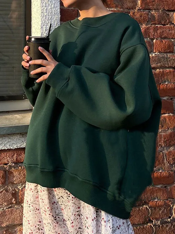 Solid Color Long Sleeves Loose Round-Neck Sweatshirt Tops