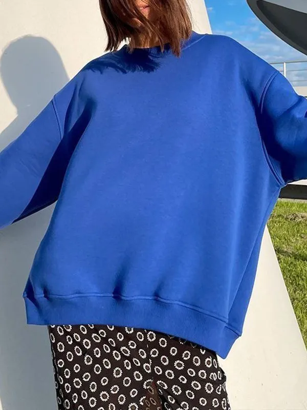 Solid Color Long Sleeves Loose Round-Neck Sweatshirt Tops