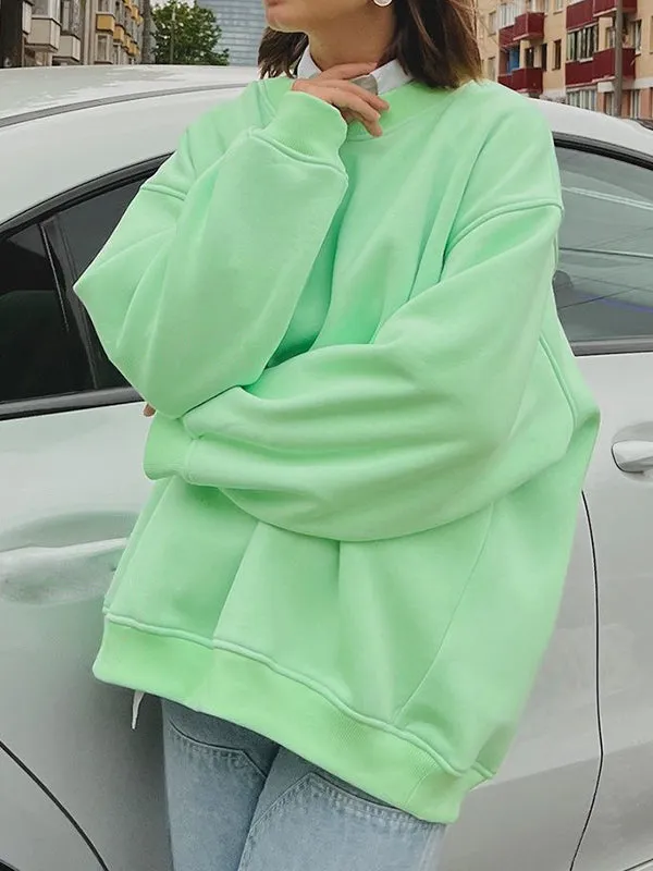 Solid Color Long Sleeves Loose Round-Neck Sweatshirt Tops