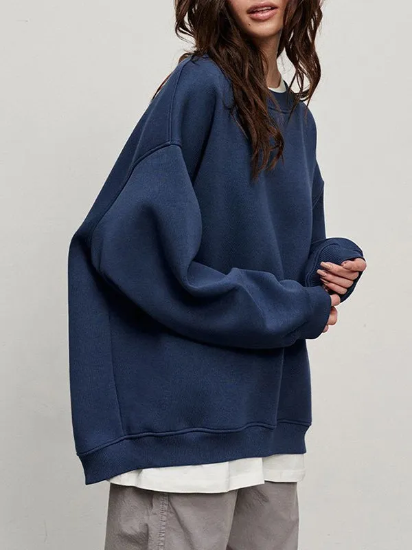 Solid Color Long Sleeves Loose Round-Neck Sweatshirt Tops