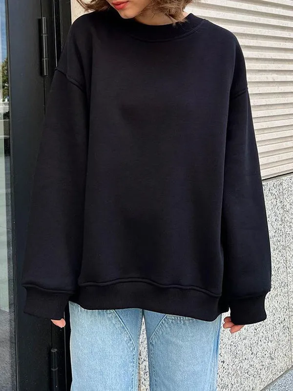 Solid Color Long Sleeves Loose Round-Neck Sweatshirt Tops