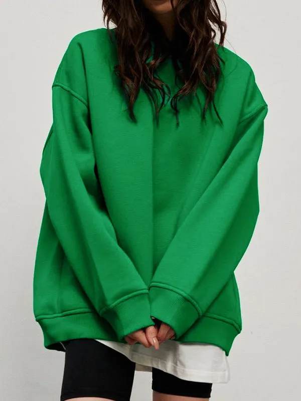 Solid Color Long Sleeves Loose Round-Neck Sweatshirt Tops