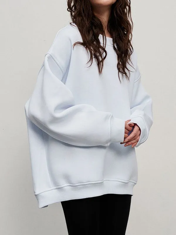 Solid Color Long Sleeves Loose Round-Neck Sweatshirt Tops